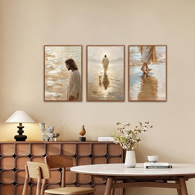 KAlRNE Jesus and the Lost Sheep Wall Art Set of 3(16’’X24’’),Framed Christian Canvas Prints,Neutral Watercolor Jesus Walking on Water Religious Decor for Living Room Bedroom