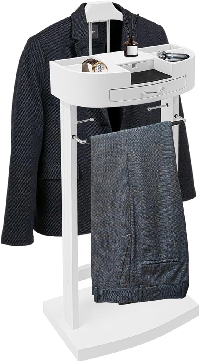 Suit Valet Stand, Standing Wooden Clothes Stand, Clothes Organizer Hanger Rack for Suit Coat Jacket Shirt for Home Bedroom Entryway Hotel Boutique, 66lbs Load Capacity(White)