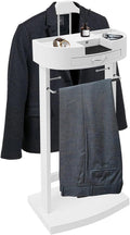 Suit Valet Stand for Men, Freestanding Clothes Stand with Sturdy Base, White Wood Suit Stand for Homes, Offices, Hotels