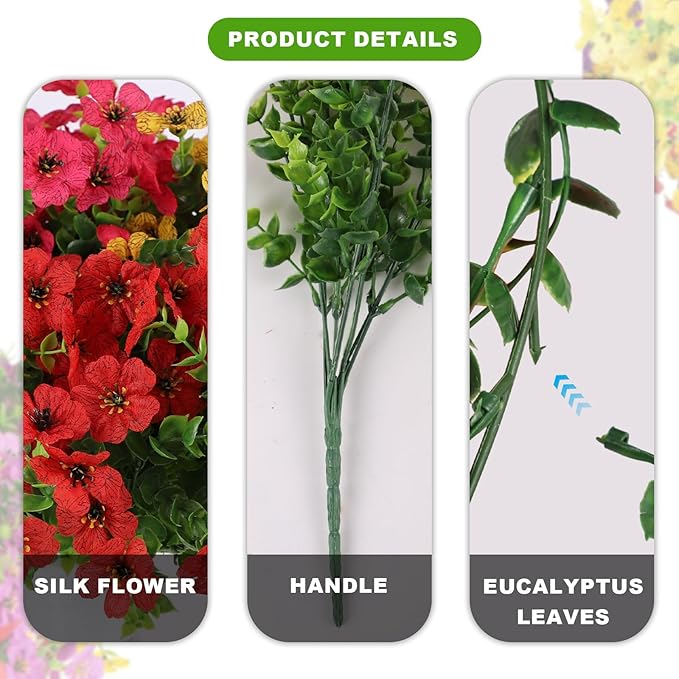 24 Bundles Artificial Flowers,Faux Plants for Spring Summer Decoration, UV Resistant Colorful Violets Eucalyptus for Outside Home Planter Porch Patio Yard Decor