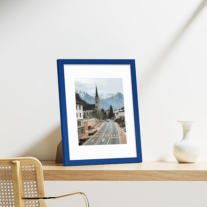 Vittanly 11x14 Picture Frames Set of 9, Shatter Resistant Plexiglass, Display 8x10 Pictures with Mat or 11x14 without Mat, Photo Frames for Wall or Tabletop, Engineered Wood, Blue