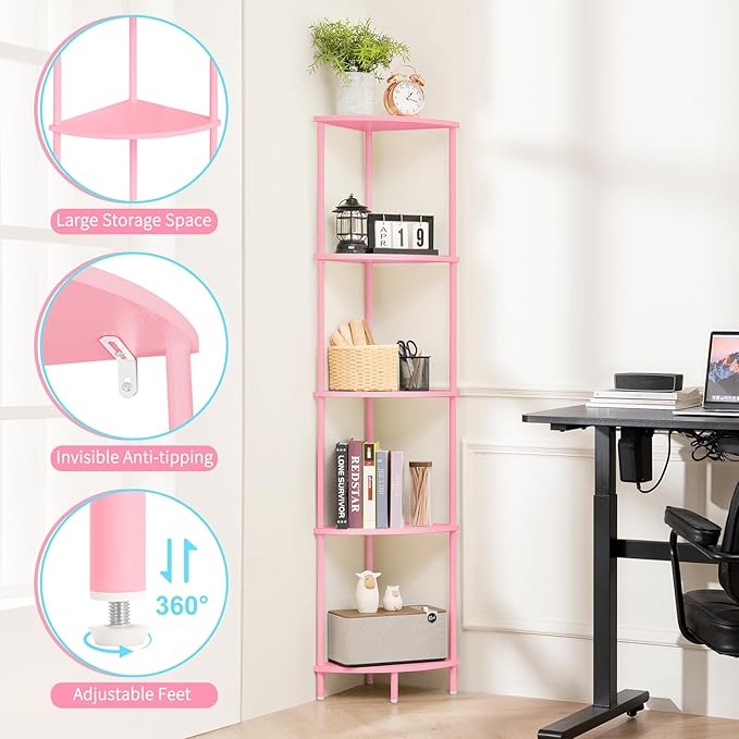 Yoobure Corner Shelf Stand, 5-Tier Bookshelf, 65" Tall Shelves for Bedroom, Living Room, Narrow Display Bookcase, Pink with Display Shelves for Office