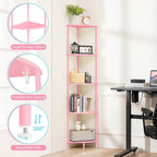 Yoobure Corner Shelf Stand, 5-Tier Bookshelf, 65" Tall Shelves for Bedroom, Living Room, Narrow Display Bookcase, Pink with Display Shelves for Office
