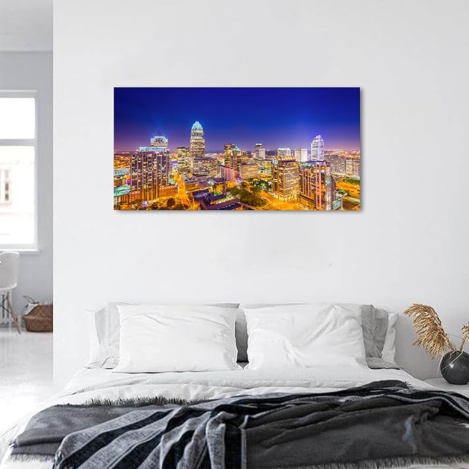 Charlotte Skyline Wall Art North Carolina City Wall Art Decor for Office Living Room Night View Cityscape Canvas Prints Pictures Modern Skyscraper Building Landscape Artwork Home Decoration 20x40"