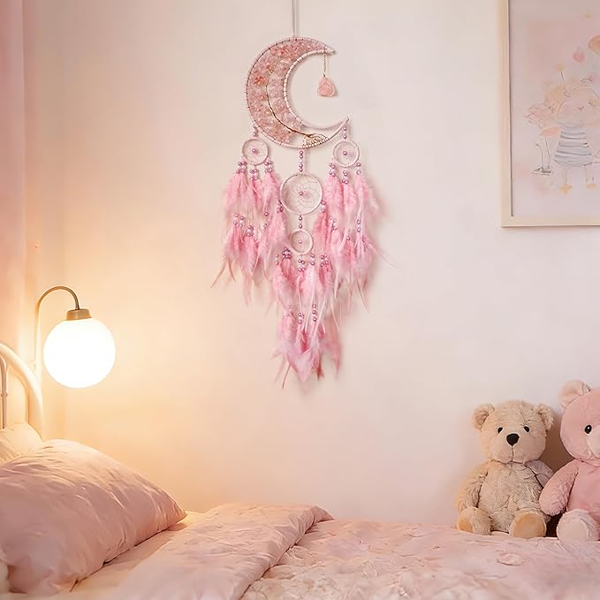 Dream Catchers,Moon Dream Catchers with Chakra Gemstone Agate Stone,Pink Tree Life Dream Catcher Wall Hangings Room Decor for Girls Bedroom Decor Art Craft Gift (Pink)