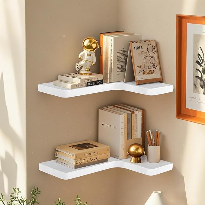 Floating Corner Shelves Set of 3, Solid Wood Picture Wall Shelf, Floating Shelves for Storage for Bedroom Kitchen Bathroom Living Room (White)