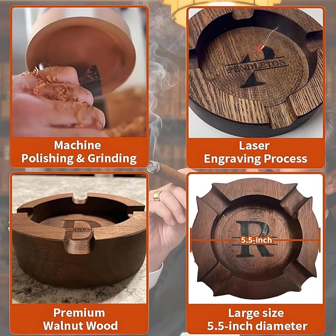 Fathers Day Birthday Gift, Cigar Ash Tray Set for Men Home Ashtrays With Engraved Name Personalized Walnut Wooden Outdoor Cigar Ash Tray for Husband Dad Grandpa Valentine's Day Christmas