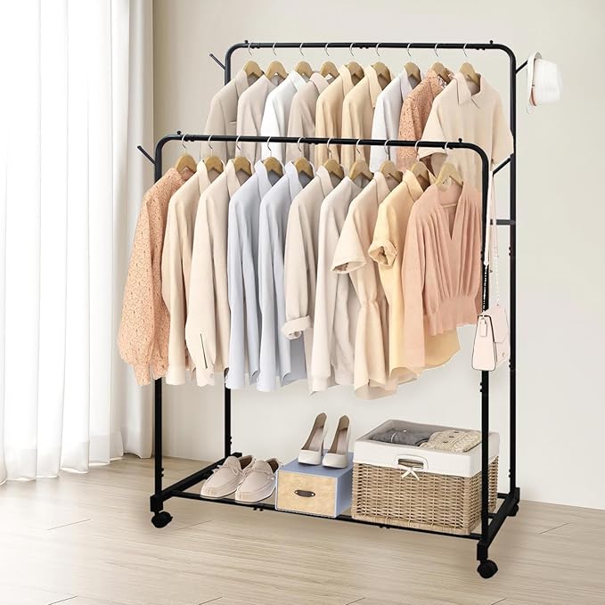 AT-VALY Double Rod Clothing Rack with wheels,Garment Rack for Hanging Clothes,Multi-functional Bedroom Clothes Rack (Black)