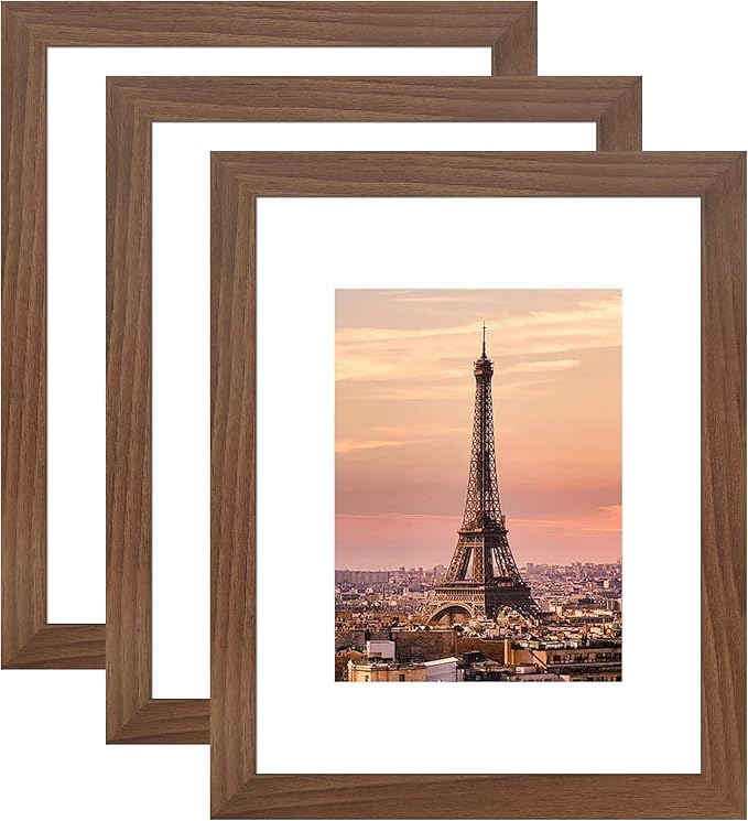 8.5x11 Picture Frame 3 Pack - Brown Poster Frame Display Pictures 6x8 with Mat or 8.5 x 11 Without Mat for Wall Hanging Horizontal and Vertical