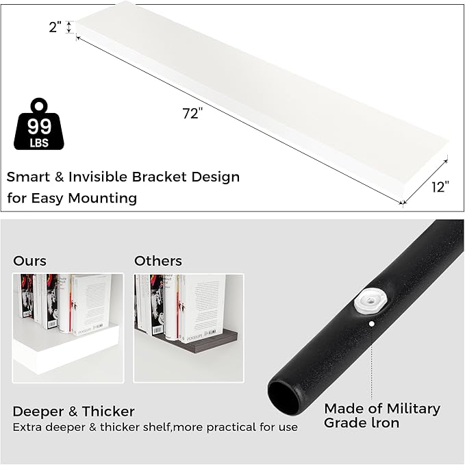 Venusmiles Floating Shelves for Wall, 72 Inch Wide x 12 Inch Deep Floating Shelves, Long Wood Floating Wall Shelf Shelves for Living Room Bathroom Bedroom Kitchen Home - (White, 72" W x 12" D x 2" H)