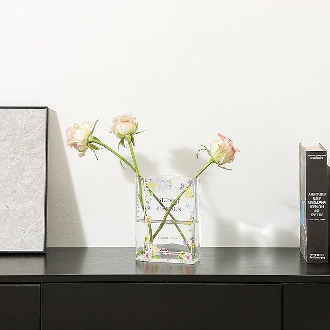 Glass Book Vase, Clear Book Vase for Flowers, Unique Flower Vase, Modern Book Shaped Vases for Bedroom, Living Room, Office, Coffee Table, Bookshelf(Garden)