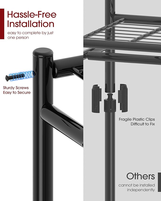 Clothes Rack - 33.0" x 12.2" x 79.5" Clothing Rack with Shelves & Wheels, Multi-Functional Wardrobe Closet with Hooks, Sturdy Metal Garment Rack for Bedroom, Laundry, Balcony (Black)