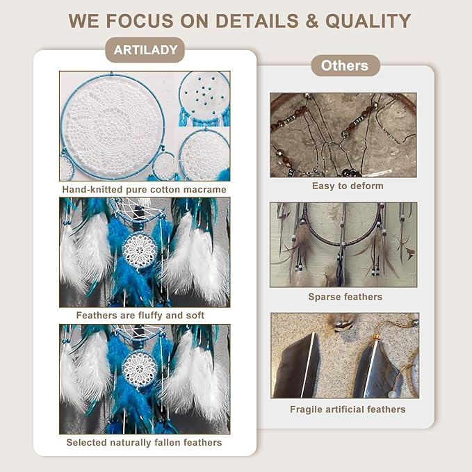 5 Pack Blue Dream Catchers for Bedroom Adult Large Boho Dreamcatcher Wall Hanging Decor with Feather Tassels Handmade Indian Art Decoration Home Ornament for Women Girls