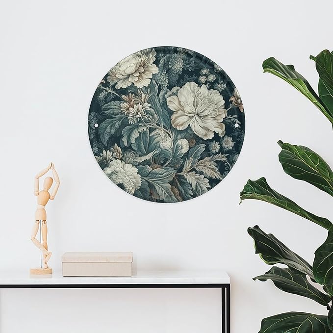 Wall Picture, with Flowers Printed Circular Iron Hanging Picture,Wall Art Decor,Home for Bedroom Living Room Bathroom Decor,Iron Painting 11.8X11.8 in