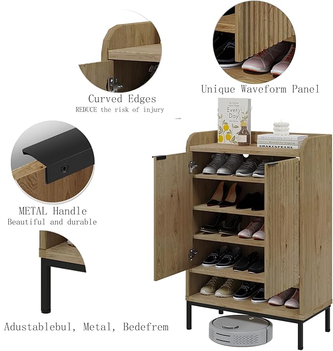 Modern Shoe Cabinet with Fluted Door,5-Tier Farmhouse Shoe Cabinet with 3 Adjustable Shelves,41.5'' Tall Wooden Shoe Rack Organizer Cabinet for Entryway, Hallway,Living Room,Natural