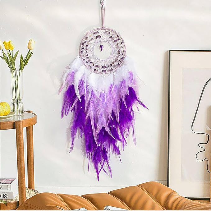 Purple Dream Catcher Wall Decor Feather Dream Catchers with Crystal Pendant Handmade Dreamcatcher Wall Hanging Ornament for Bedroom Living Room Home Decor
