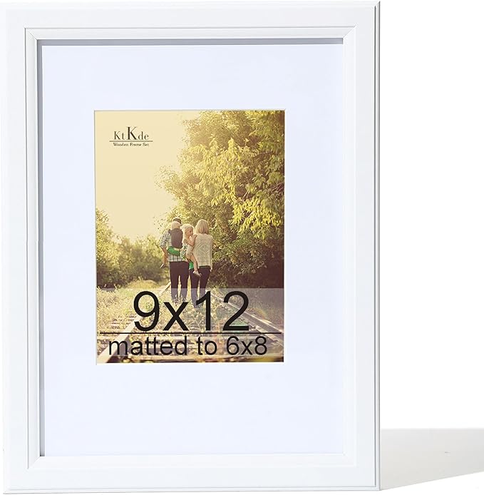 KTKDE 9x12 Wooden Picture Frame,Display Pictures 6x8 with Mat or 9 x 12 Without, Tempered Glass, 9 by 12 White Frames Wall Gallery Photo Frames Poster Frame best gift