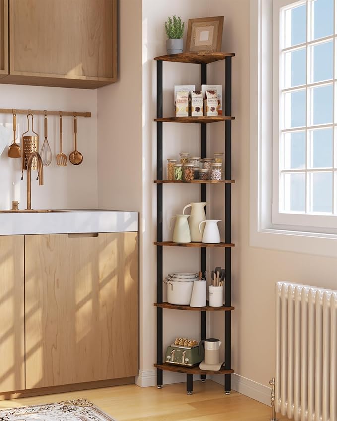 IBUYKE 6 Tier Corner Shelf Stand,Industrial Corner Display Rack,Corner Bookshelf for Living Room, Bedroom, Kitchen, Home Office, Brown WBC011H