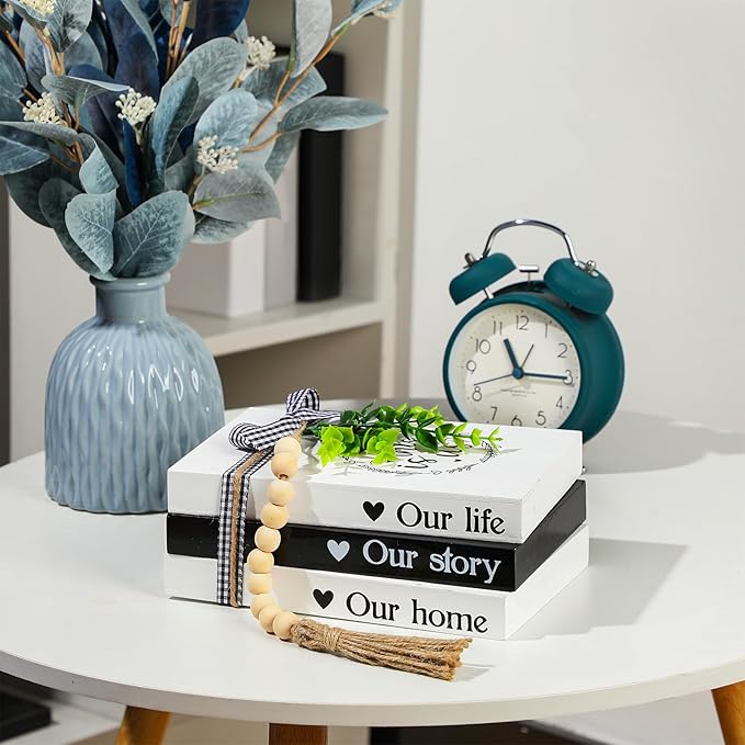 Capoda 3 Pcs Decorative Books for Home Decor Farmhouse Faux Stacked Books Wooden Rustic Table Decor with Bead Garland Twine Ribbon Faux Leaf for Table(This is Us)