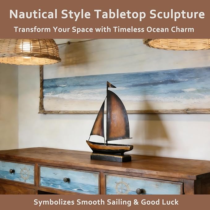 Retro Metal Sailboat Decor, Iron Nautical Sculpture for Home, Vintage Boat Figurine for Living Room Table, Office Desk, Bookshelf, Coastal Style Decoration (Brass)