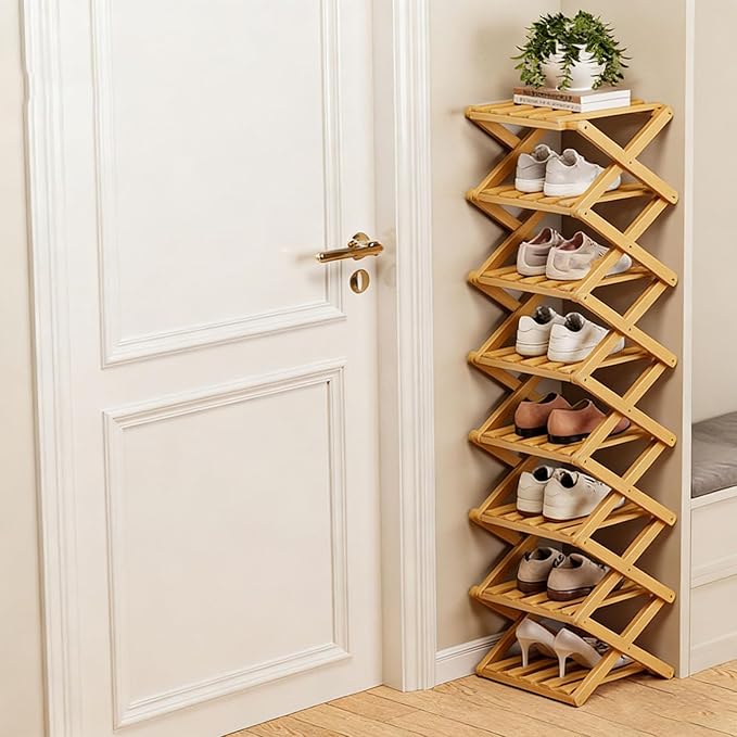 The 9-Tier No-Assembly Bamboo Rack, Foldable Space-Saving Organizer for Shoes, No Assembly Narrow Shoe Shelf for Entryway Closet Dorm (Yellow, 8)