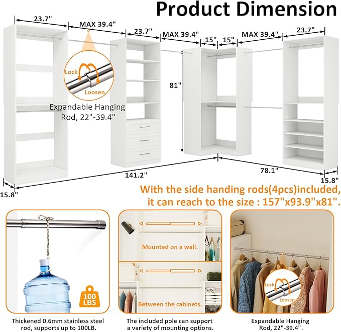 Closet Organizer System of 4 Sets with 3 Drawers, 9 Hanging Rods & 8 Shelves, 157" Walk in Closet System, Corner Closet Organizer, Modular Standalone Closet, White
