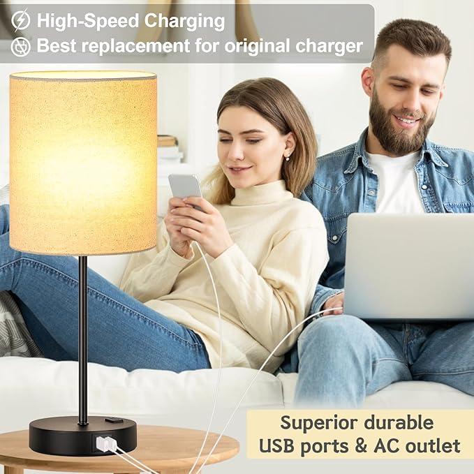 Lynnoland Set of 2 Touch Beige Table Lamps with 2 USB Ports & AC Outlet, 3-Way Dimmable Bedside Nightstand Lamps for Living Room Nursery Office Bedroom, 800 Lumens 2700K Warm Bulbs Included