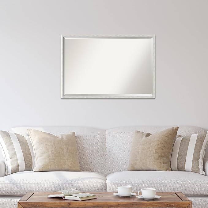 Amanti Art White Wall Mirror 25x37 Paige White Silver Rectangle Bathroom Mirror for Wall Decor Living Room, Large Modern Wood Frame, Hangs Horizonally and Vertically, Bathroom Decor, Beveled Edge