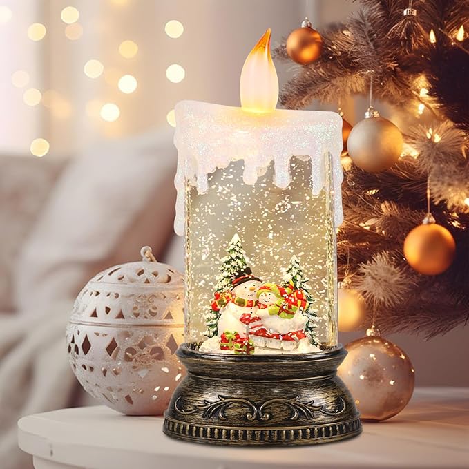 Wondise Rechargeable Musical Snow Globe Lantern with 6H Timer, Battery Operated USB Powered Lighted Snow Globe Lamp Spinning Water Swirling Glitters Holiday Decor Snowman