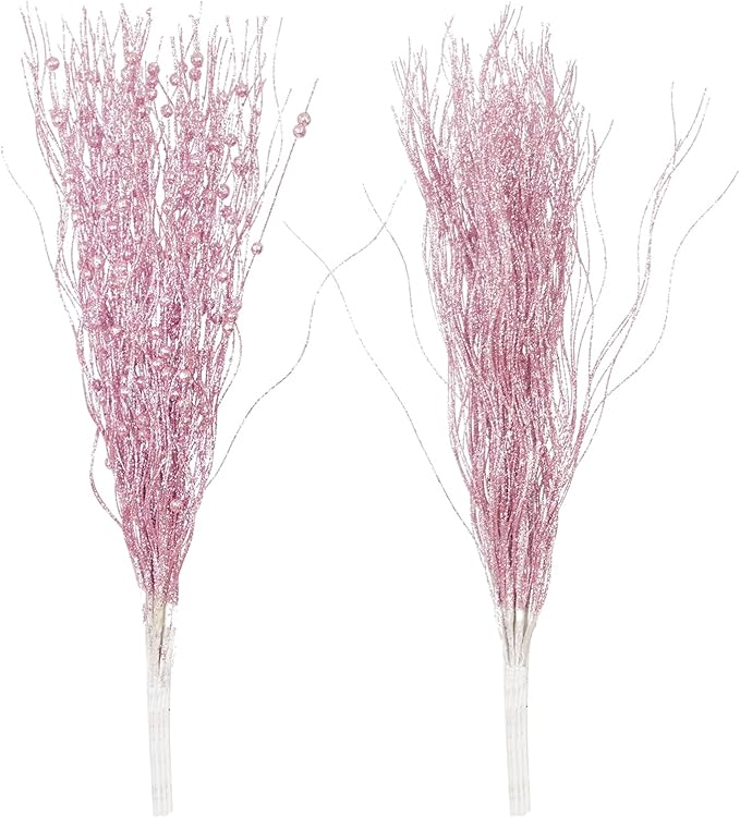 SLK 16-Pack Artificial Glitter Berry Stem Ornaments, Christmas Decorative Glittery Twigs, Picks, Branches for Tree, Wreath, Small Vase, Halloween Party (Pink)