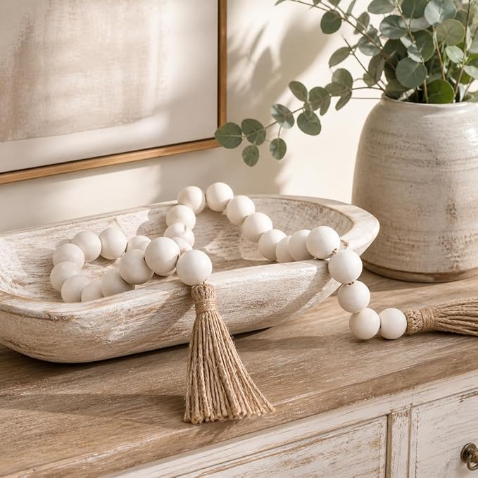 OMISHE 60" Long Extra Large Wood Bead Garland with 1.6" Diameter Wooden Beads and Tassels, Rustic Farmhouse Country Decorative Beads for Home Tiered Tray Decor, White
