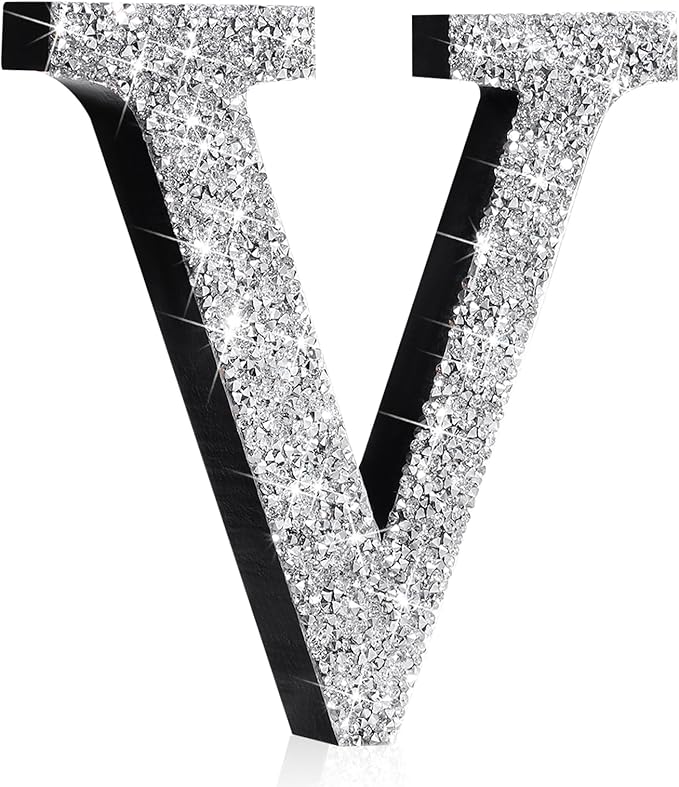 Qunclay 5.7" Silver Crystal Diamond Bling Letters Crushed Diamond Decoration Wooden Glitter Letter with Screw and Hooks Rhinestone Gift for Wedding Y2k Mcbling Bedroom Wall Decor (Letter V)
