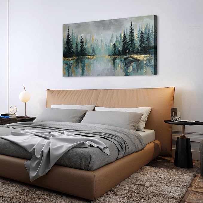 Green Forest Wall Art Vintage Fog Pine Trees Landscape Wall Decor Nature Green and Gold Forest Lake Scenery Canvas Prints Pictures Farmhouse Artwork Kitchen Living Room Home Decorations 29.53x57.87"