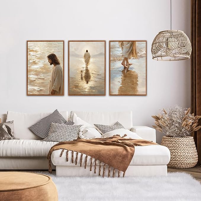 KAlRNE Jesus Walking On Water Wall Art Set of 3(24”X36”),Christian Bible Wall Decor,Neutral Spiritual Framed Canvas Paintings,Lost Sheep Art Prints For Living Room Bedroom Church Office