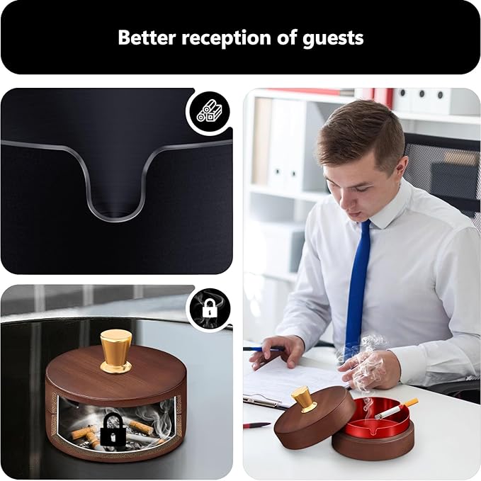 roygra Wooden Ash Tray with Lid (2 Pack), Outdoor Ashtray for Outside Patio, Smokeless Ashtrays for Cigarettes with 3 Holder, Smoking Accessories, Home Décor, Ashtrays for Smokers Indoor - Silver