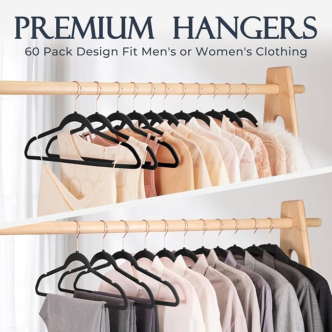 HOUSE DAY Black Velvet Hangers 60 Pack, Premium Non-Slip Felt Hangers, Sturdy Black Clothes Coat Hanger Heavy Duty, Durable Suit Hanger for Space Saving, No Marks Gold Hook