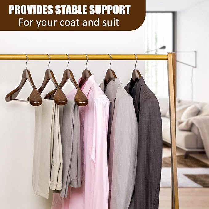 Amber Home 6 Pack Walnut Wide Shoulder Wooden Suit Hangers, Wood Coat Hangers with Non Slip Pants Bar, Clothes Hangers for Jackets, Sweaters, Pants & Heavy Clothes (Vintage, 6 Pack)