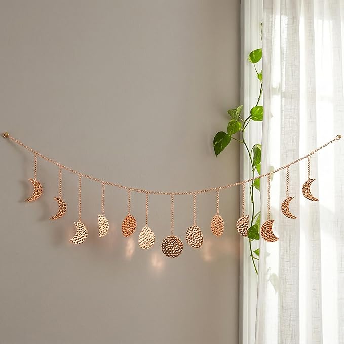 opulinea Moon Phase Garland Rose Gold Hammered Metal - Celestial Boho Wall Hanging Decor Moon Phases Ornament for Bedroom Aesthetic Above Bed Living Room Home Decor