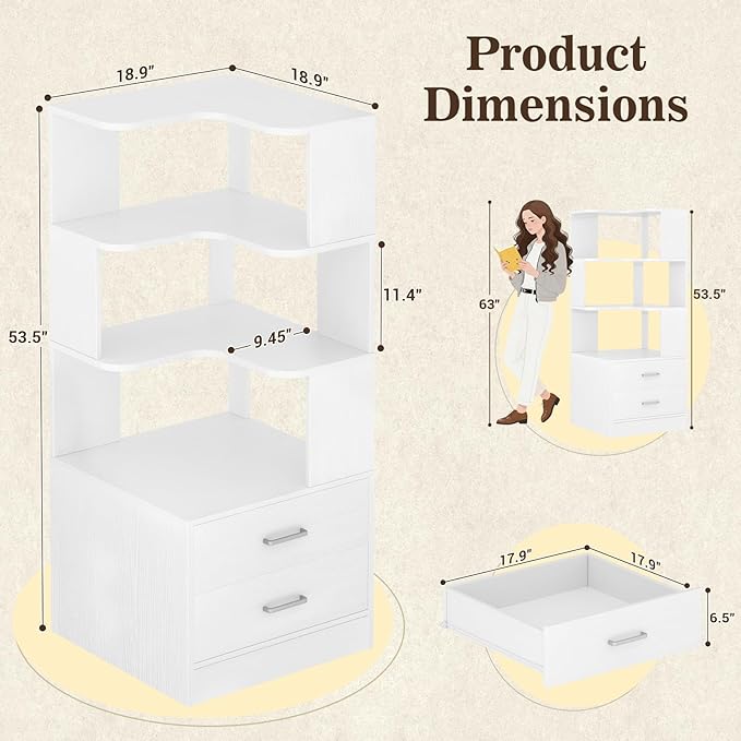 Armocity Corner Bookshelf with Drawers, 6 Tier Corner Book Shelf Display Bookcase, Freestanding L Shaped Bookshelf for Bedroom, Living Room, Home Office, White