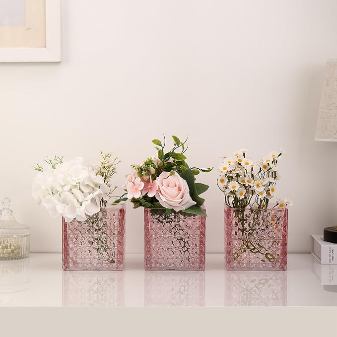 Square Vases Set of 6, 5" x 5" x 5" Square Glass Vases for Flowers, Pink Flower Vase for Centerpieces, Small Bubble Vase for Wedding, Party, Home, Office, Parties, Events