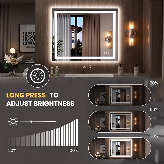 LOAAO 39.4"x31.5" LED Mirror for Bathroom, Lighted Bathroom Mirror with Lights, Anti-Fog, Dimmable, Memory Function, Clear Reflection