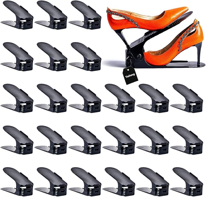 Shoe Slots Organizer, 24PCS Adjustable Double Layer Stack Shoe Rack, 50% Space-Saving Storage Rack Holder, Black