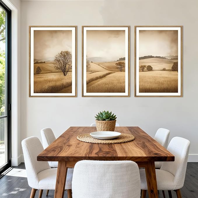 BINCUE Framed Countryside Wall Art Rustic Village Wall Decor Farmhouse Landscape Art Print Nature Countryside Artwork Rustic Landscape Wall Pictures for Living Room Bedroom Office Farmhouse 16x24 Inches Set of 3 Gift