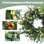 Jobflower 24 Inch Eucalyptus Wreath for Front Door, Artificial Greenery Wreath with Olive Fruit & Berries, Lush All Seasons Farmhouse Wall Decor for Spring Summer Year Round Outside Inside