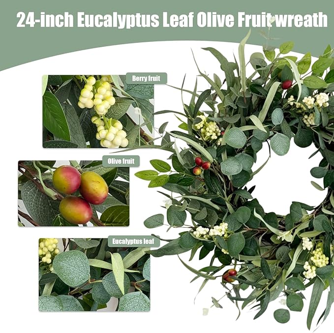 Jobflower 24 Inch Eucalyptus Wreath for Front Door, Artificial Greenery Wreath with Olive Fruit & Berries, Lush All Seasons Farmhouse Wall Decor for Spring Summer Year Round Outside Inside