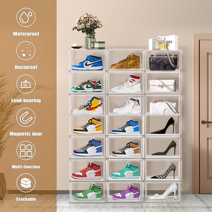 2 Pack Clear Shoe Storage Boxes Stackable Acrylic Shoe Display Case, Large Plastic Shoe Box Sneaker Organizer Purse Organizer with Magnetic Door, Size 12 or 13