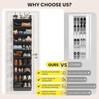 20-25 Pairs Over the Door Shoe Organizer, Clear Pockets Shoe Rack for Closet Door, 10-Tier Hanging Shoe Rack for Boots, Behind the Door Shoe Holder Fit All the Family's Sneakers, Boots, Heels, Black