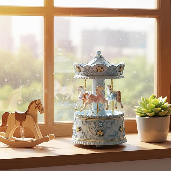 Elegant Blue Carousel Music Box,Handcrafted Rotating Horses & Floral Details Musical Figurine, for Birthdays,Christmas,Valentine's Day,Birthday,Home Décor,Plays You are My Sunshine Tune