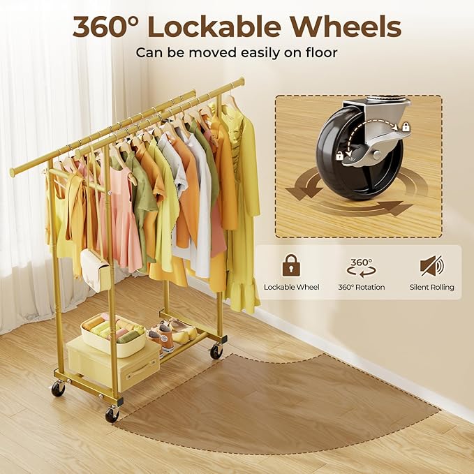 Double Rods Clothes Rack, Sturdy Rolling Clothing Rack, Portable Clothing Racks for Hanging Clothes - Metal Garment Rack Wardrobe Coat Rack for Bedroom Laundry Living Room, Gold