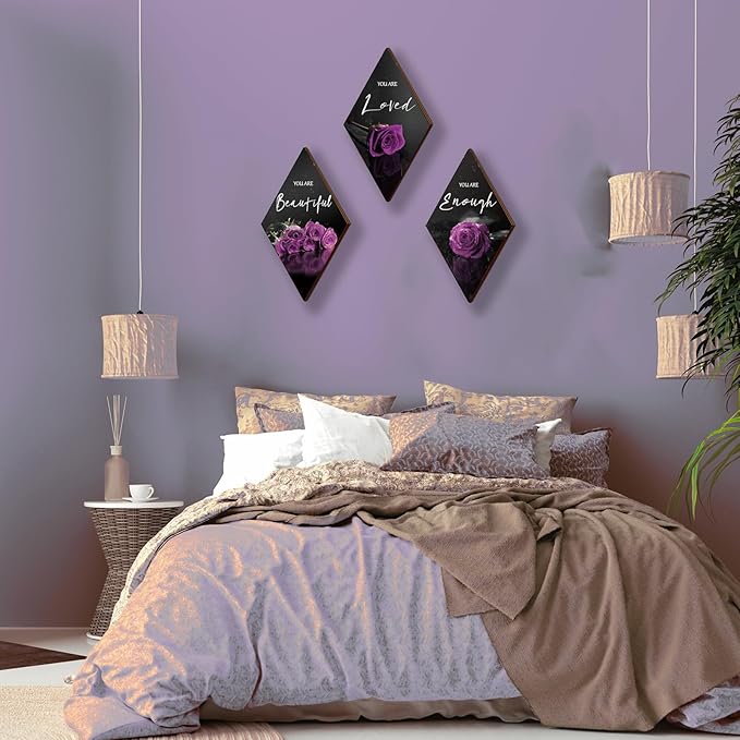 ONIZHITY 3-Piece Purple & Black Wall Decor - Rose Wooden Art with Positive Quotes for Bedroom, Bathroom & Wedding (12 x 7)